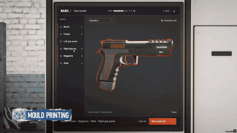 FiveM weapon crafting script with a sand printer that prints a mould for each gun part