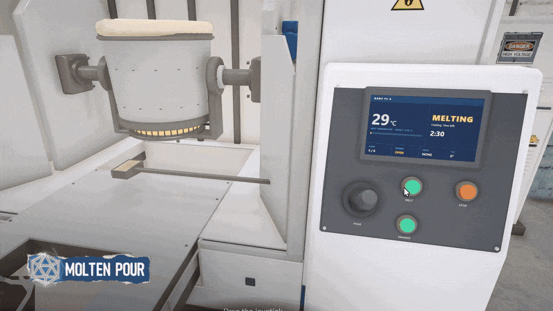 FiveM gun crafting: a furnace pours molten metal into a sand mould, then the casting is broken out