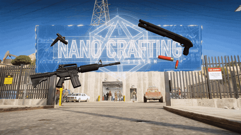 FiveM weapon crafting MLO: a gun workshop hall with 3D workbenches and a 3-lane shooting range