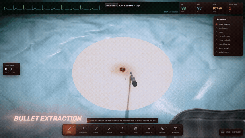FiveM surgery script: 3D bullet extraction with forceps and a live vitals monitor