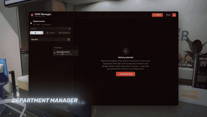 In-game FiveM hospital creator placing a helipad, beds and an X-ray room