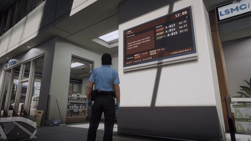 FiveM hospital check-in desk, waiting-room board and pharmacy