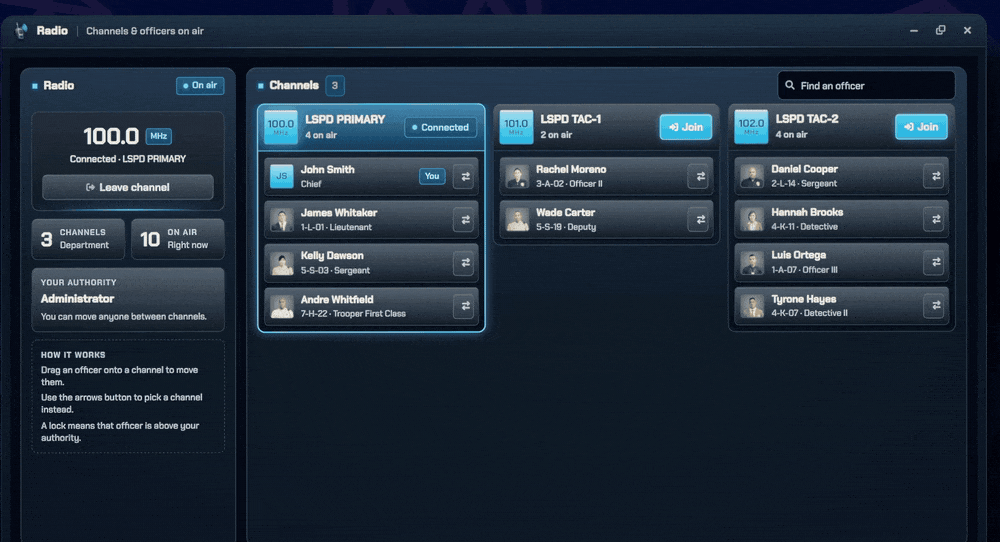 Police MDT radio app moving an officer from LSPD Primary to TAC-1 and TAC-2