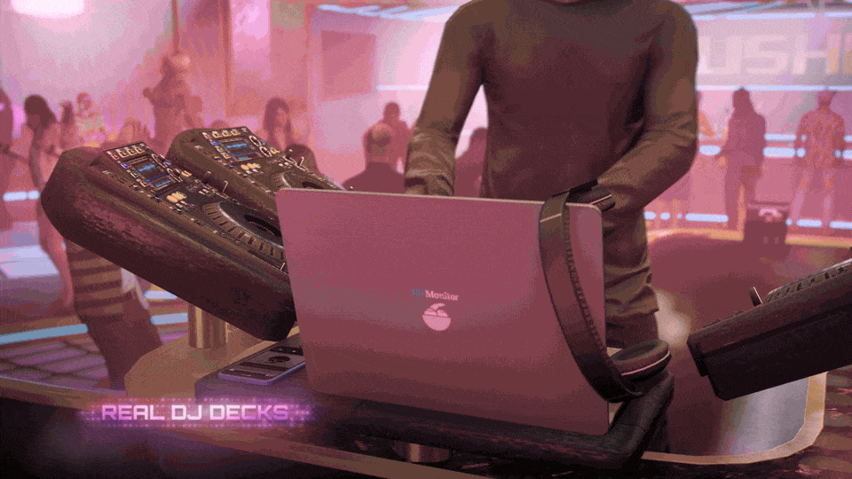 FiveM DJ script with a two-deck DJ controller and live waveforms in a nightclub