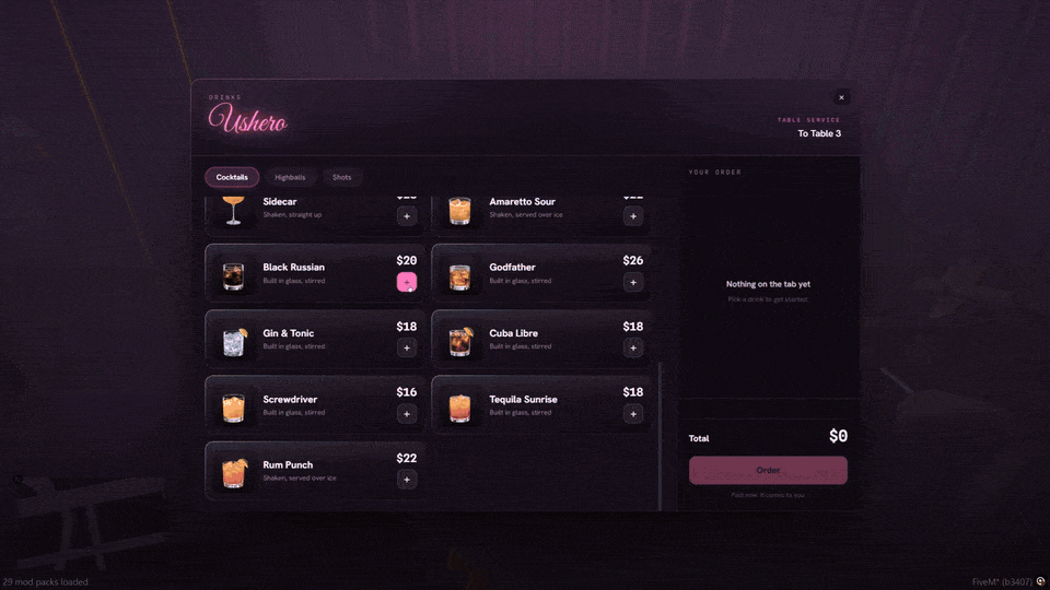 FiveM nightclub table service with order screens and a waiter carrying a tray