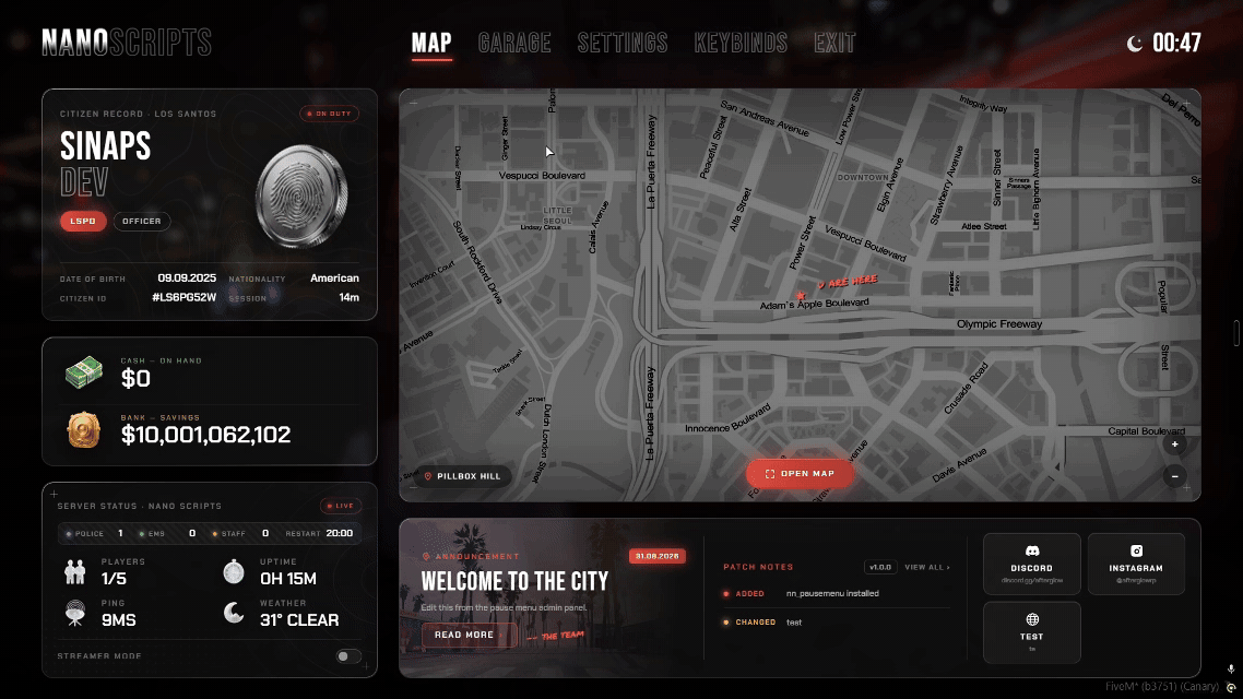 Pause Menu for FiveM, in game