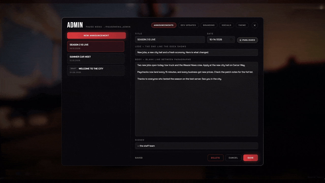 FiveM pause menu admin panel publishing an announcement in game