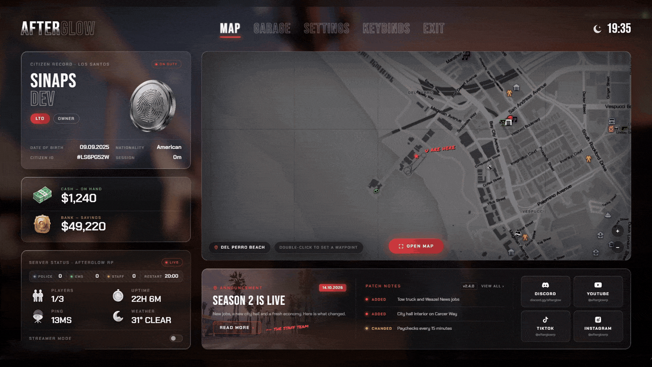 FiveM pause menu garage tab with stored, out and impounded vehicles