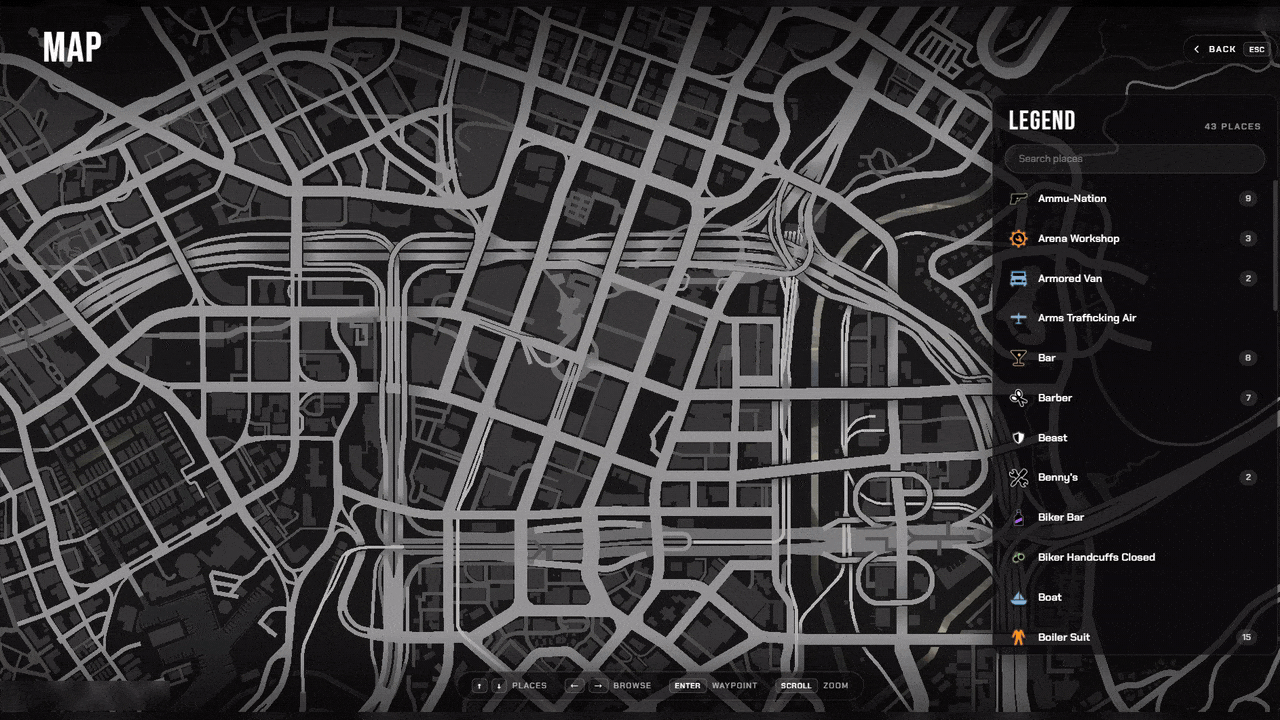 FiveM pause menu live map with a waypoint, GPS route and blip legend