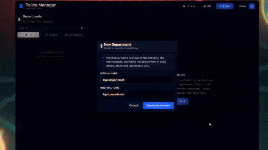 No-code FiveM police department creator with ranks, uniforms, garages and vehicles