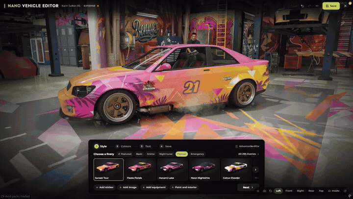 FiveM vehicle livery editor: recolour a wrap and drag graphics on the car