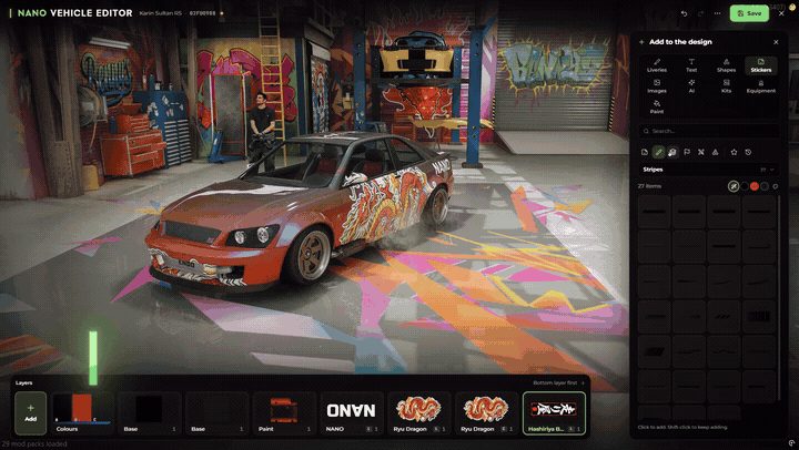 FiveM livery editor adding seamless patterns to a car wrap