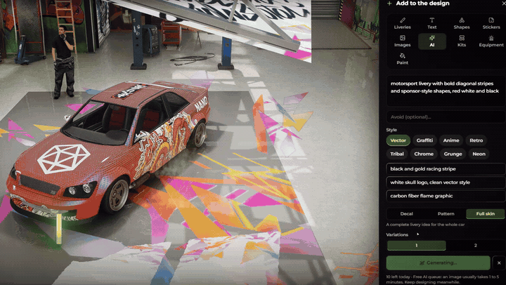 FiveM AI livery generator: AI image decals and patterns on a car in game
