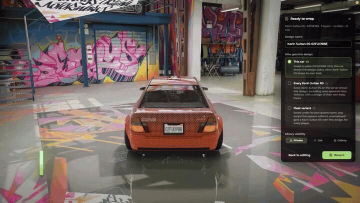 FiveM livery script: save a wrap for one car, every car of the model or a fleet