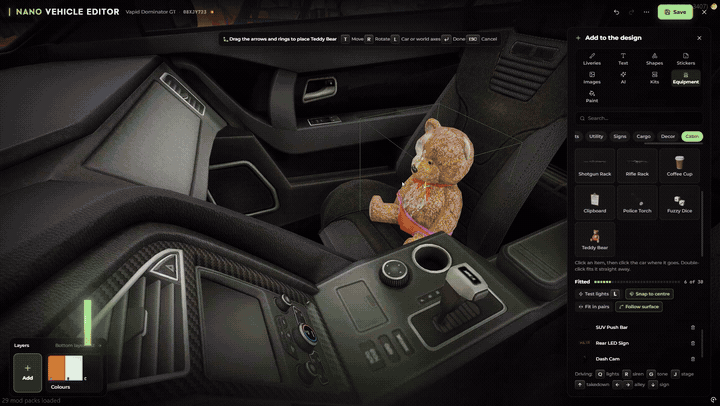 FiveM vehicle editor: police car with lightbars and a wrap shop reveal